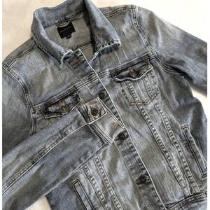 JUSTUSA Jean Jacket Women Small Blue SF578 Distressed Stretch Denim Trucker